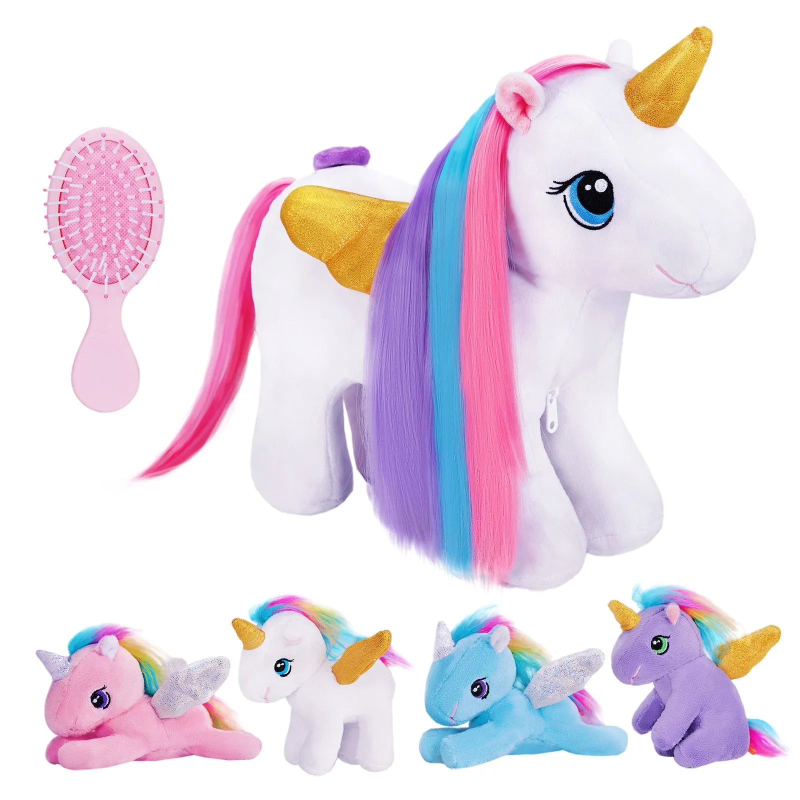 Rainbow Hair Plush Unicorn Mommy with 4 Babies Stuffed Animal Rapunzelcorn