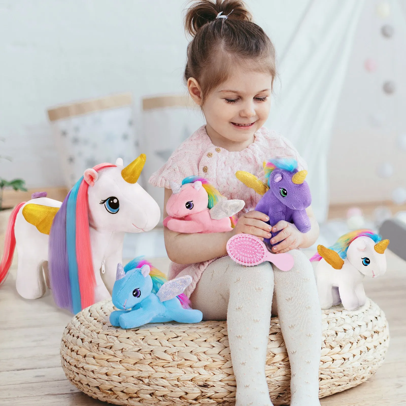 Rainbow Hair Plush Unicorn Mommy with 4 Babies Stuffed Animal Rapunzelcorn