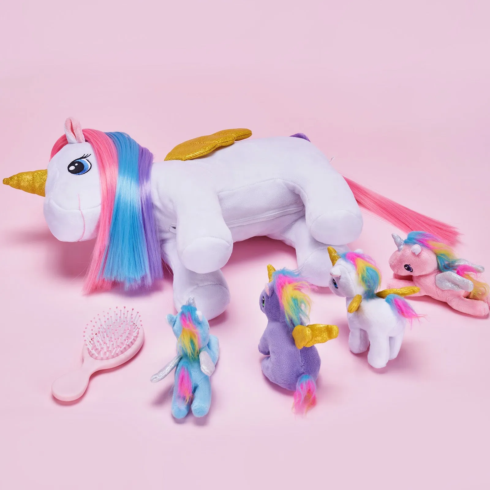 Rainbow Hair Plush Unicorn Mommy with 4 Babies Stuffed Animal Rapunzelcorn