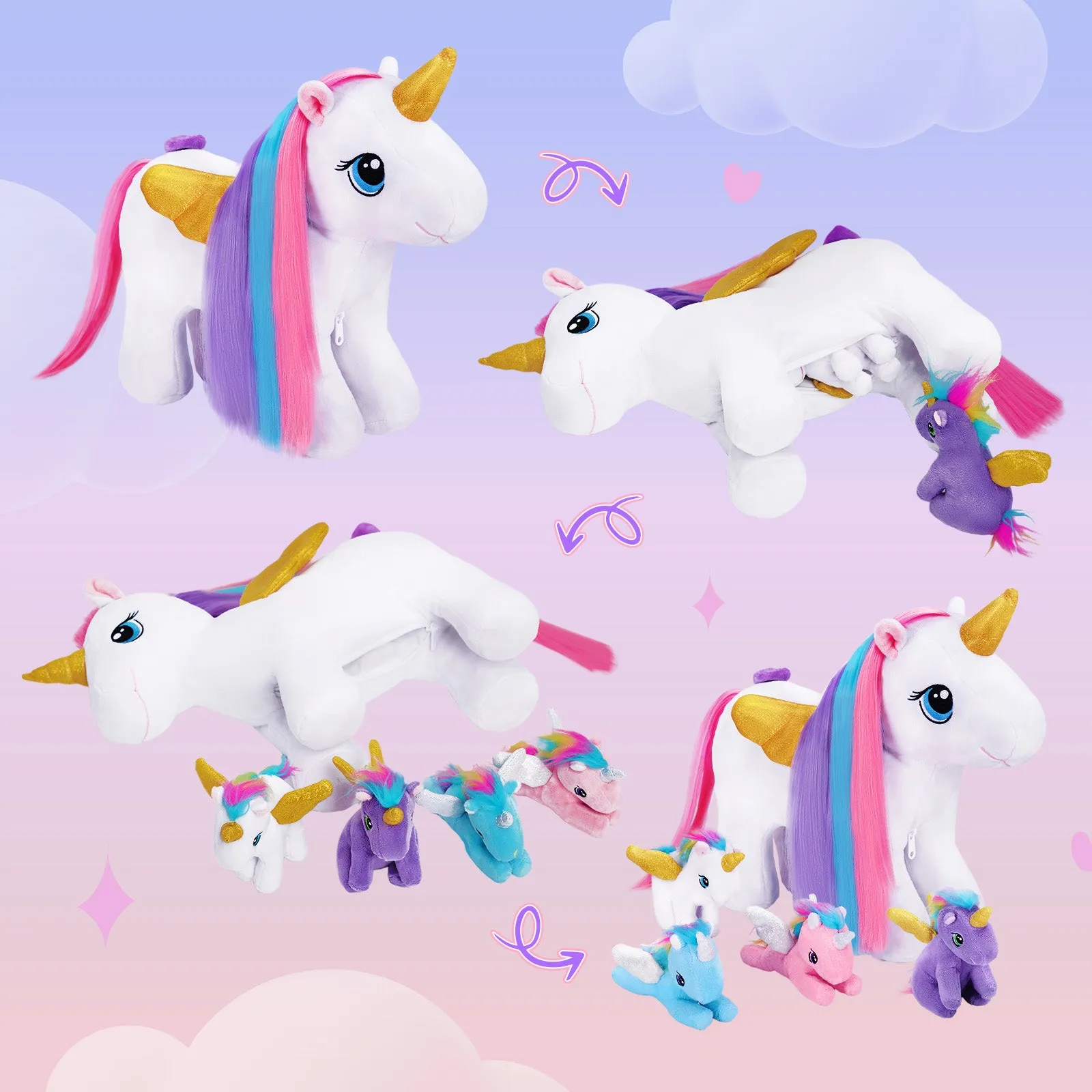 Rainbow Hair Plush Unicorn Mommy with 4 Babies Stuffed Animal Rapunzelcorn