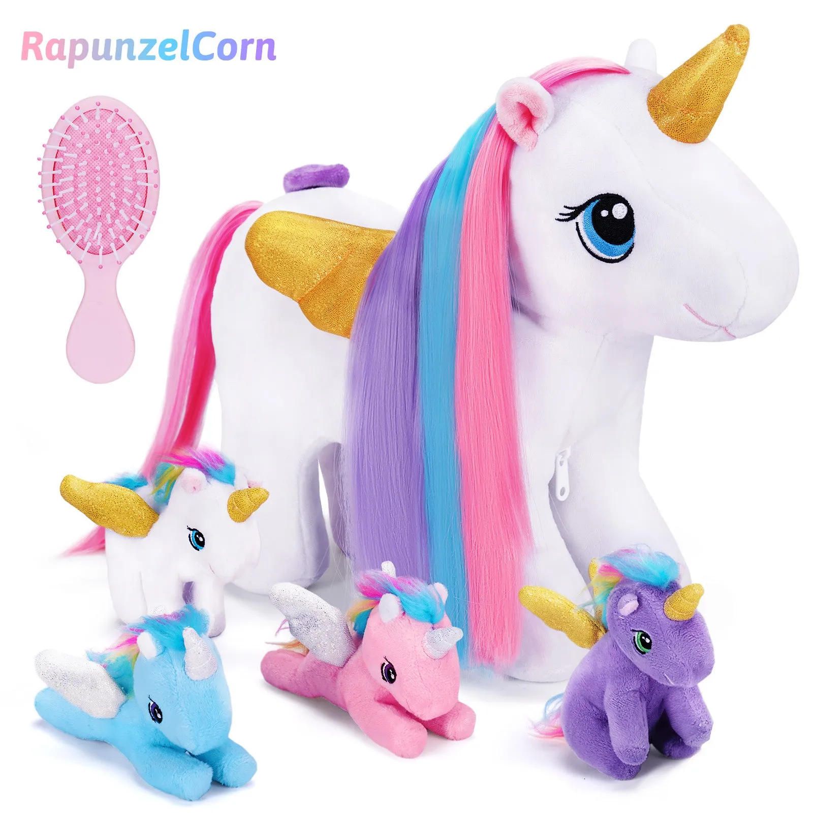 Rainbow Hair Plush Unicorn Mommy with 4 Babies Stuffed Animal Rapunzelcorn