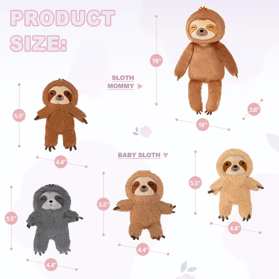 Sloth Family with 4 Babies Plush Playset Animals Stuffed Gift Set