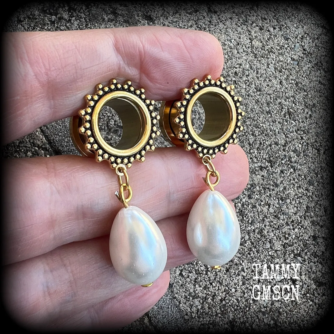 South sea pearl tunnel dangles-Shell ear gauges