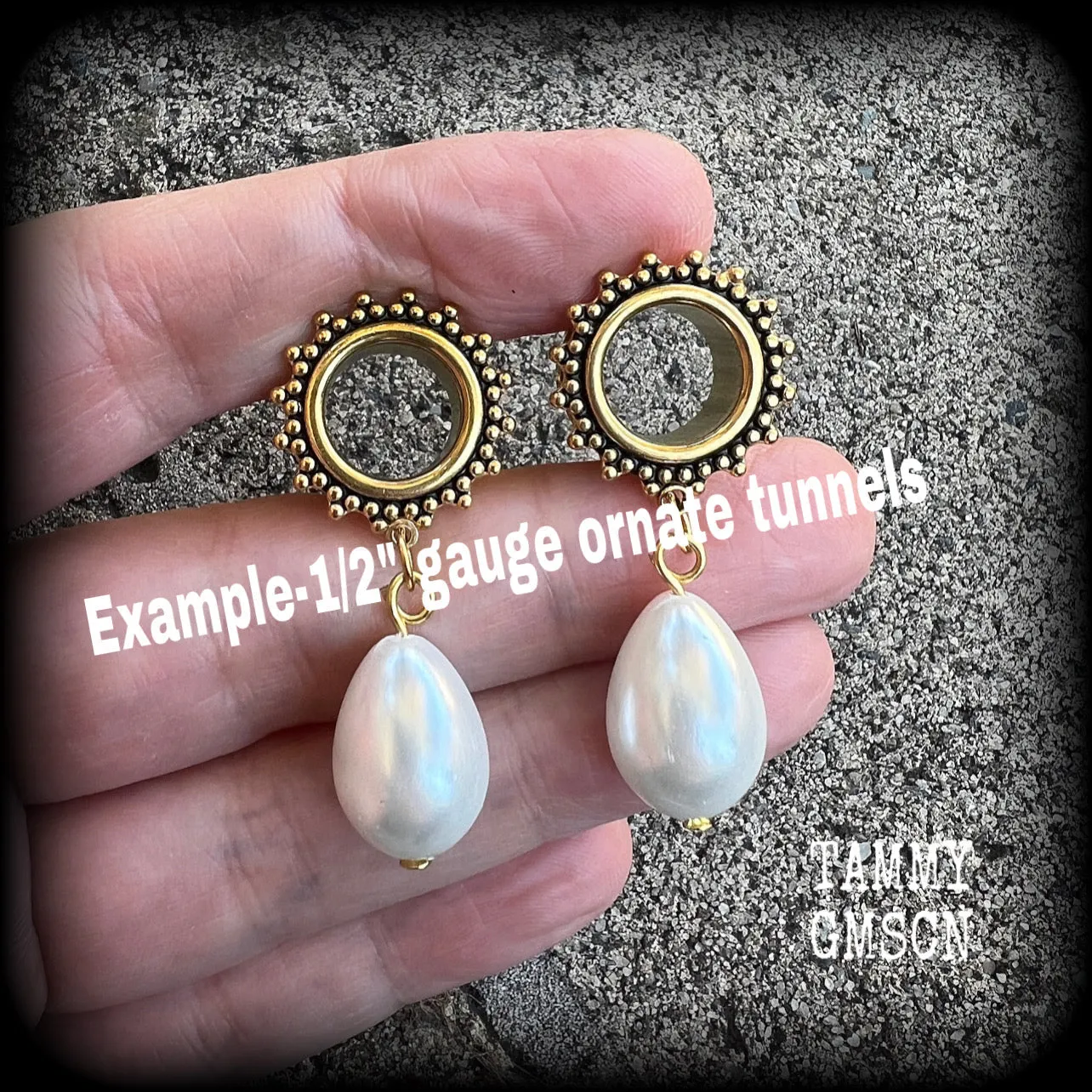 South sea pearl tunnel dangles-Shell ear gauges