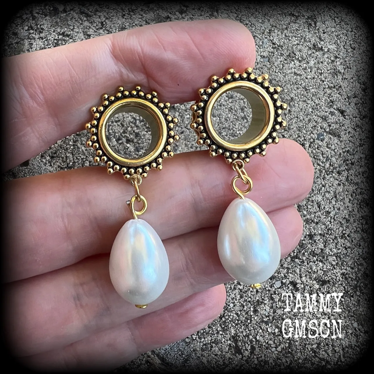 South sea pearl tunnel dangles-Shell ear gauges