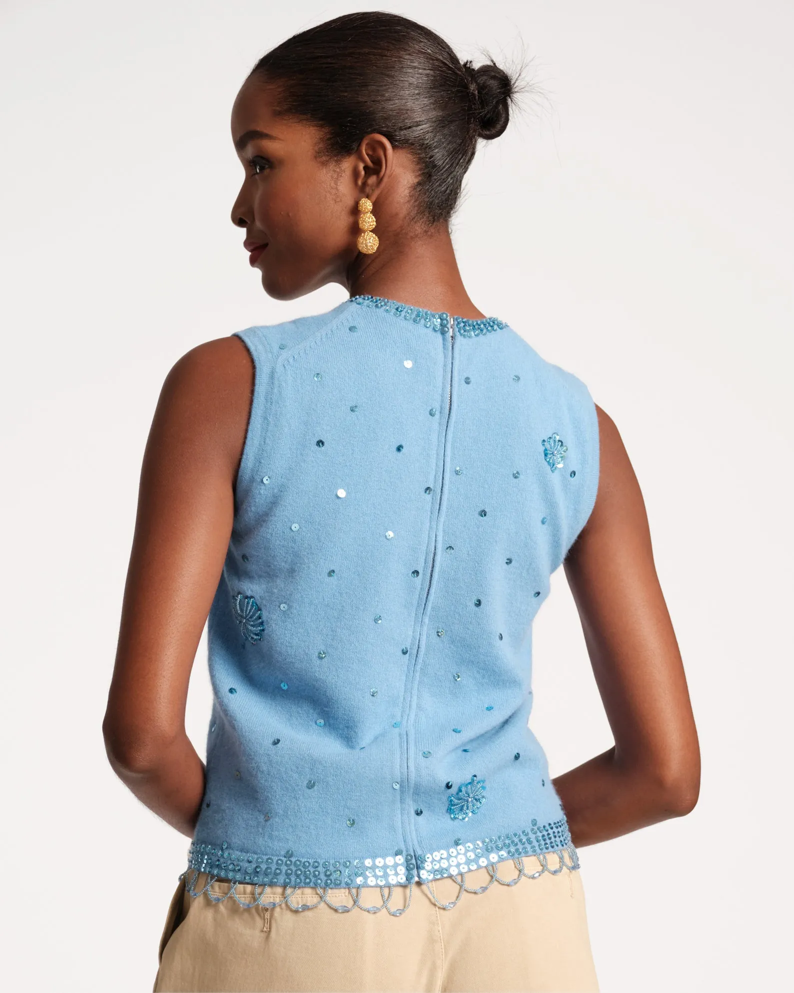 Star Embroidered Knit Shell Light Blue