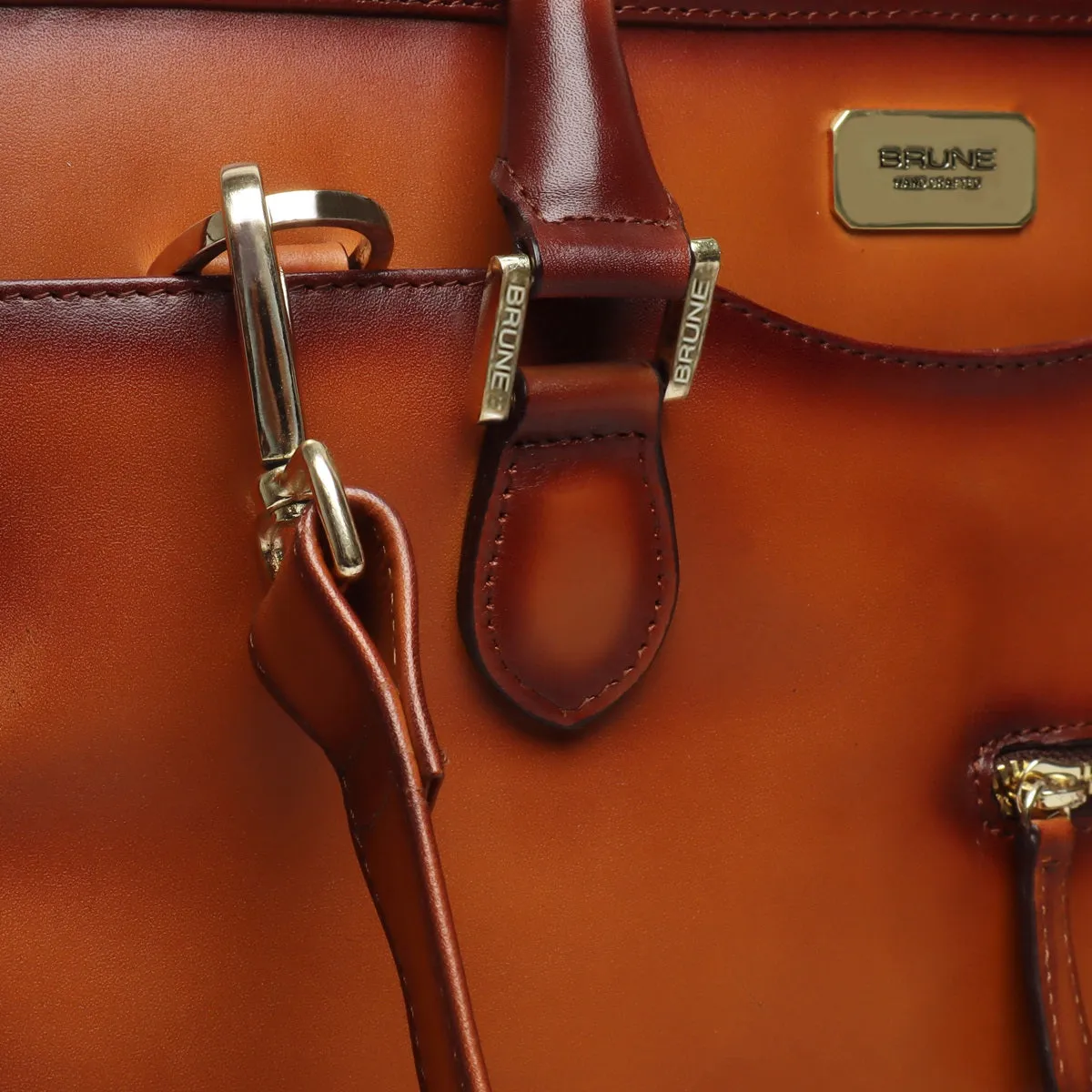 Tan Classic Genuine Leather Laptop Office Briefcase With Golden Accessory By Brune & Bareskin