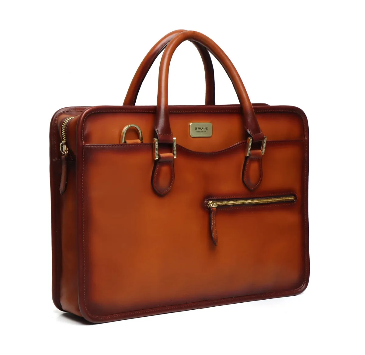 Tan Classic Genuine Leather Laptop Office Briefcase With Golden Accessory By Brune & Bareskin