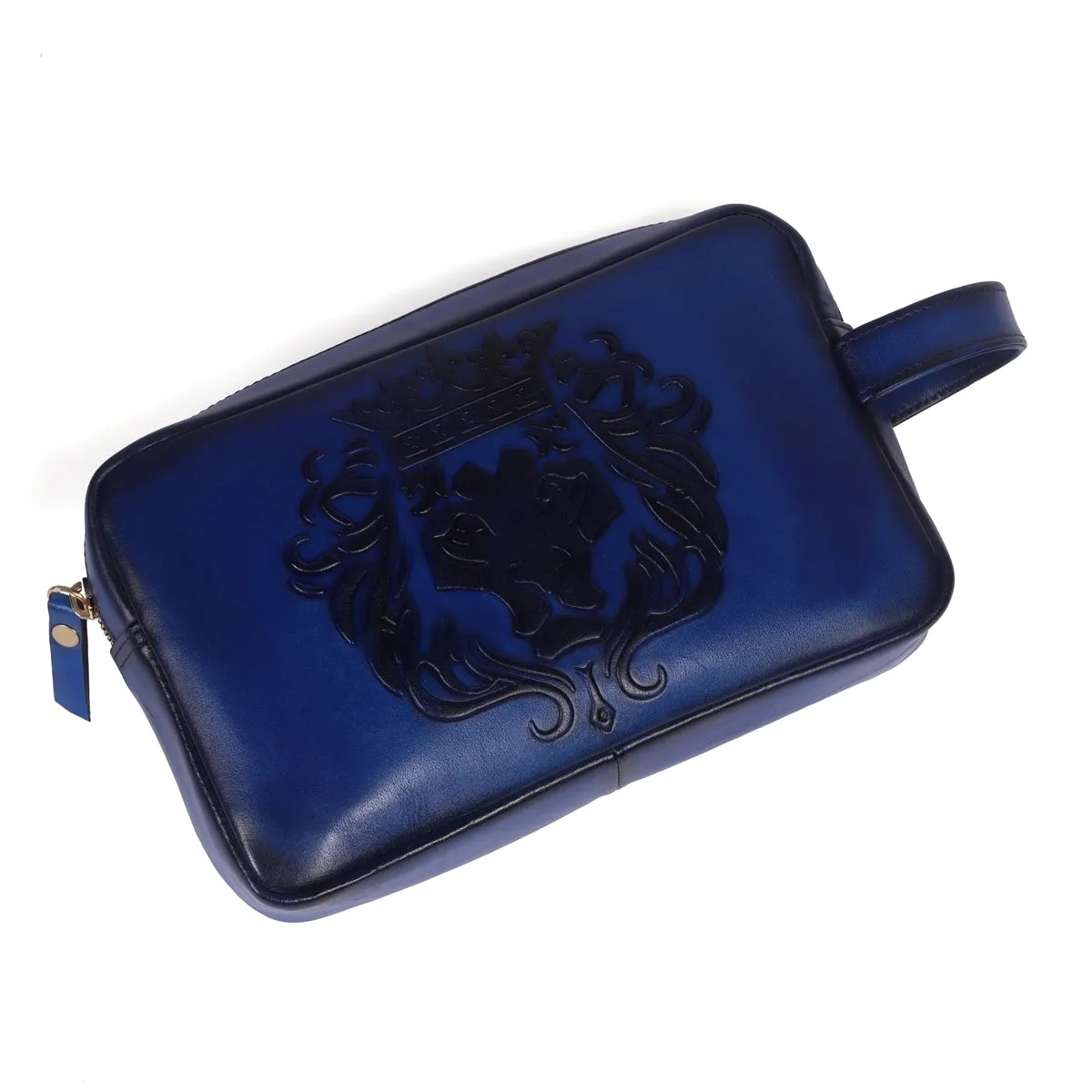 Unisex Blue Genuine Leather Embossed Lion Slim Kit Bag for Travel by Brune & Bareskin