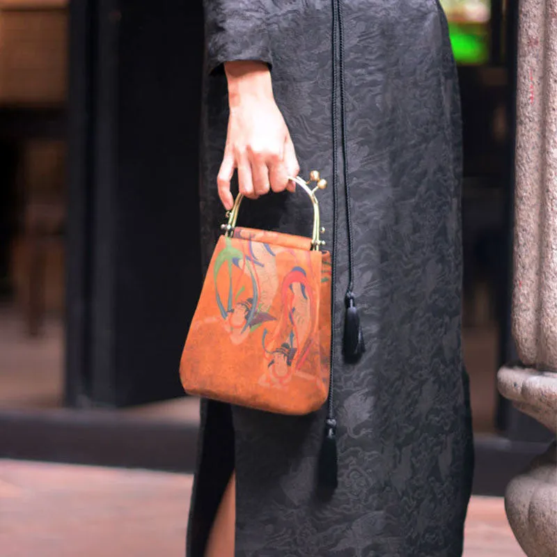 Vintage Chinese Style Retro Brown Feitian Flying Apsaras Silk Handbag with Tassel Charm