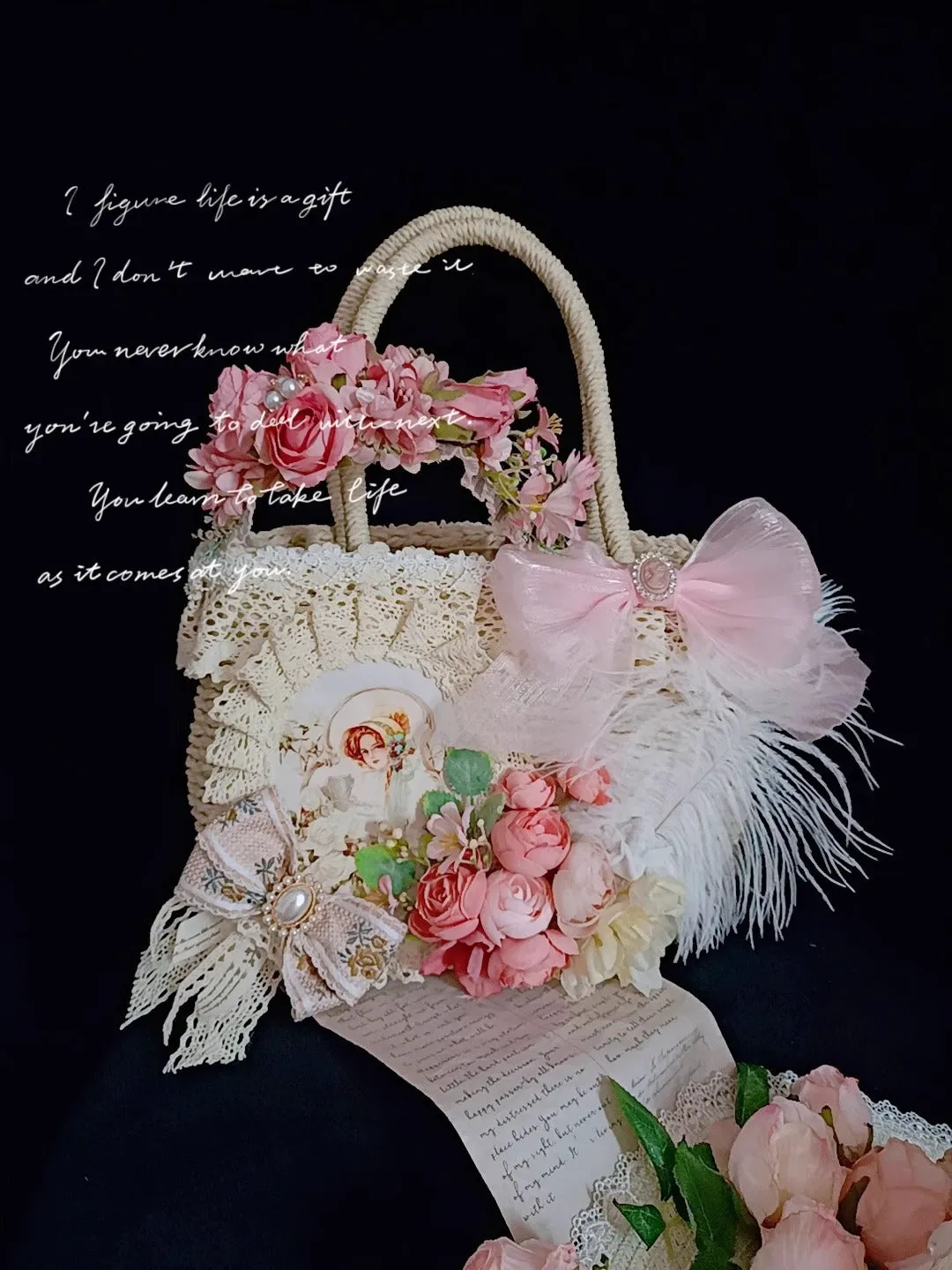 Vintage Coquette Embellished Rose Straw Bag