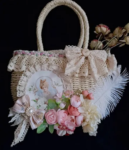 Vintage Coquette Embellished Rose Straw Bag