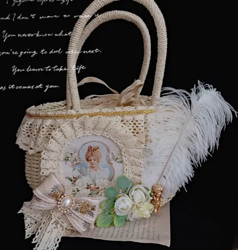 Vintage Coquette Embellished Rose Straw Bag