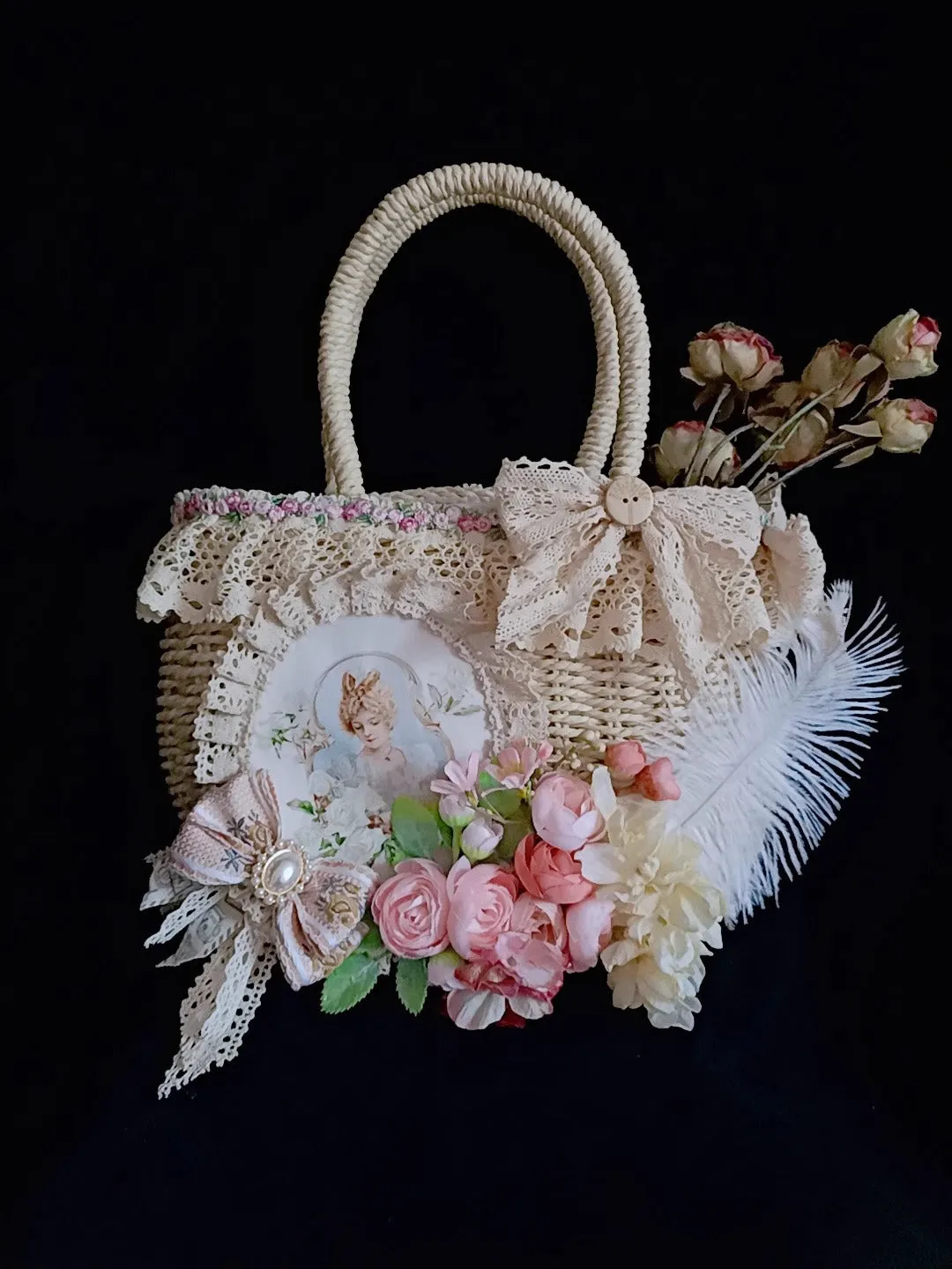 Vintage Coquette Embellished Rose Straw Bag